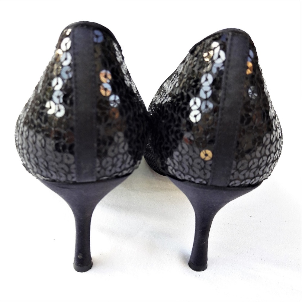 Enzo Angiolini Black Reflective Sequin Peep Toe Heels Leather 9.5 - Picture 3 of 5